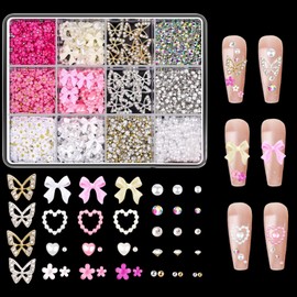 3D Bow Nail Charms, 12 Grids Cute Flower Butterfly Heart Nail Art Charms Nail Rhinestones Flat Back Nail Pearls Gold Silver Nail Caviar Beads Nail Art Decorations Accessories DIY Crafts