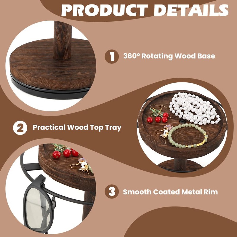 Kazheon 360° Rotating Sunglasses Organizer with Wood Tray and Base,Glasses