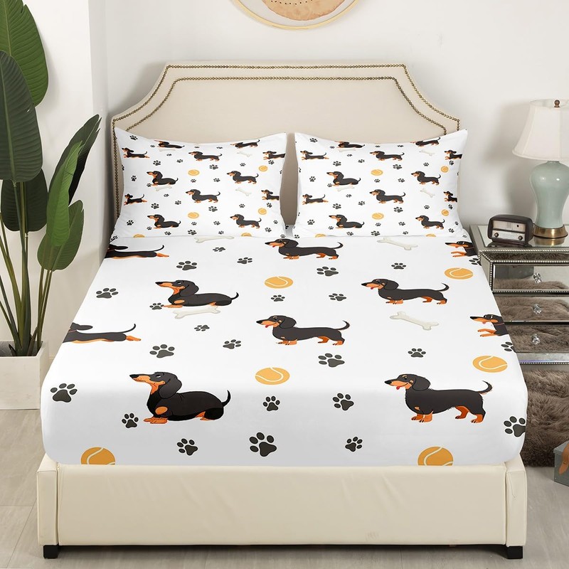 Castle Fairy Cute Dachshund Dog Fitted Sheet King Size,Ball Bones