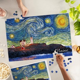 Lantern Press 1000 Piece Jigsaw Puzzle, Maine, Lighthouse, Starry Night