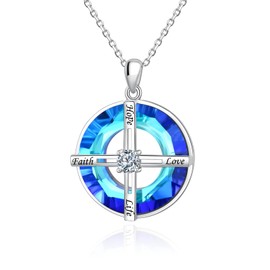 JLYY Silver Circle CZ Cross Necklace for Women Faith Hope Love Engraved S925 Silver Jewelry for Mother Daughter Sister Birthday/Xmas Gift