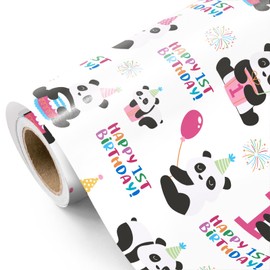 WRAPAHOLIC 1st Birthday Wrapping Paper - Mini Roll - 17 Inch x 16.5 Feet - Adorable Panda and Happy Birthday Wrapping Paper Perfect for Kids Girls Boys, Baby Shower