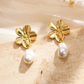 Yimofy Pearl Earrings for Women 14K Gold Plated Flower Pearl Drop Earrings Dainty Gold Dangle Earrings Elegant Wedding Earrings for Brides