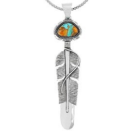 Feather Spiny Turquoise Necklace 925 Sterling Silver Pendant & 20" Chain (LARGE-Spiny Turquoise)