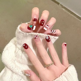 Christmas Fake Nails Short Square Winter Press on Nails Wine Red Full Cover Xmas Tree Santa Claus Swirl False Nails with Designs Glossy Glue on Nails Cute Acrylic Artificial Nails for Women Girls