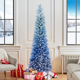 HAPPYGRILL 7 FT Unlit Pencil Christmas Tree, Flocked Xmas Tree with 725 PVC Branch Tips & Hinged Structure, Gradient-Colored Holiday Decoration Tree for Home, Office, Shop & Carnival, Blue
