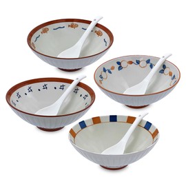 KeQiu Ceramic 8 Inch Ramen Bowls Set of 4 with Spoon, 38 Oz Soup Bowls for Udon, Soba, Noodles and Soup, Vintage Japanese Style, Perfect for Ramen Dining Experience