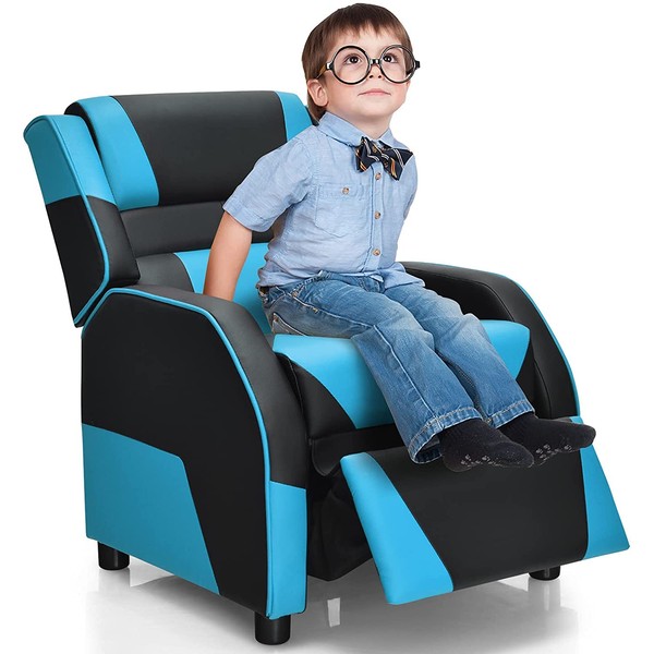 HONEY JOY Kids Recliner, Youth Game Reclining Chair w/Headrest & Back Pillow, Upholstered Leather Lounge Chair for Boys Girls, Manual Adjustable Toddler Single Sofa Chair for Living Room (Blue)