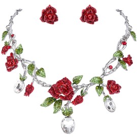 EVER FAITH Silver-Tone Rhinestone Crystal Gorgeous Red Rose Flower Green Leaf Necklace Earrings Set Clear