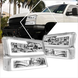 PM PERFORMOTOR Headlights Assembly Compatible with 03-07 Chevy Silverado Avalanche, [4Pcs-Set] LED DRL Headlights+Bumper Lamps with Chrome Housing/Clear Lens