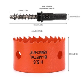 Dribotway Bi-Metal Hole Saw 2-9/16 Inch 65 mm, M42 HSS Quick Hole Cutter, with 1 Shank and 1 Drill, for Drywall Materials, Wood, Plastics and Metals, Cutting Depth