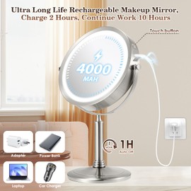 4000mAh Large Rechargeable Lighted Makeup Mirror Nickel, 2-Sided 1X/10X HD Undistorted 8" Magnifying Mirror with 3 Color Lights Dimmable, 360° Swivel Seamless Cordless Travel Vanity Mirror -Detachable