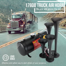 FARBIN 178DB 4 Trumpet Horns Train Horn Kit for Truck Super Loud Air horns with 150 PSI 12V Air Compressor Air Tank Can for Jeep SUV Train Metal Black(0.8 gal 12v black air horn kit)