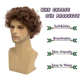 Mens Wig Short Brown Curly Wigs Short Natural Looking Synthetic Hair Replacement Wig for Male