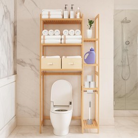Proman Products Santa Fe Over The Top Bamboo Toilet Storage Customizable Shelf Rack with Toilet Paper Holder, Freestanding Bathroom & Laundry Organizer