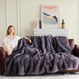GEMBED Fluffy Faux Fur Throw Blanket – Super Soft Warm Thick Plush Blanket for Bed, Couch & Office, Cozy Fuzzy Throw with Flannel Backing,50"x60", Grey