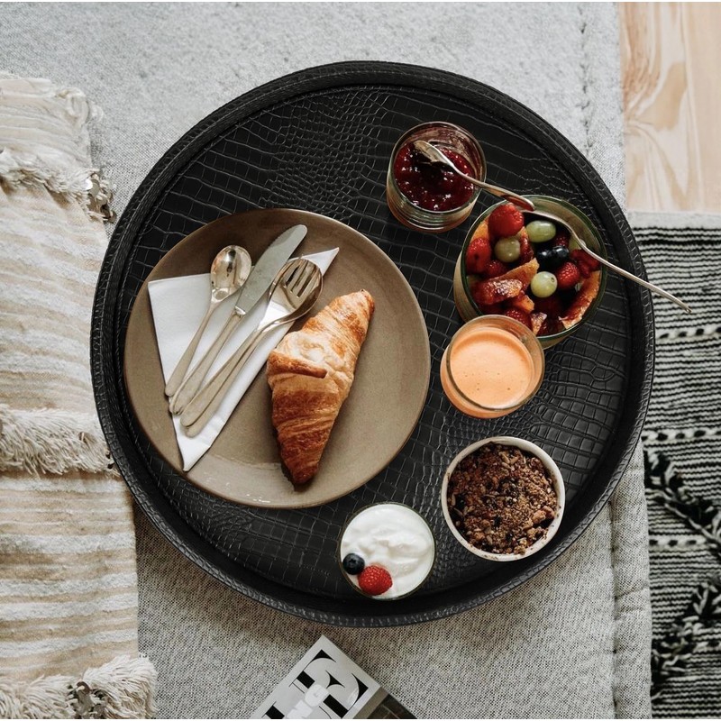 HofferRuffer Round Serving Tray 20'', Elegant Faux Leather Circle Ottoman