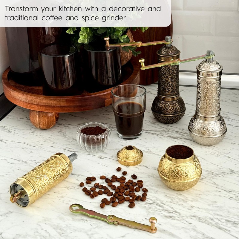 Glios Decorative Handmade Coffee Grinder, Refillable Turkish Spice Mill, Manual