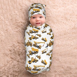 Construction Machinery Excavator Truck Tractor Newborn Swaddle Blanket Baby Stuff Baby Blanket with Beanie Set Soft Sleeping Sack for Unisex Girls Boys