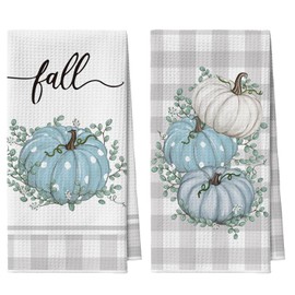 Artoid Mode Blue Pumpkin Leaves Fall Bar Kitchen Towels, 12x24 Inch Quick Dry Microfiber Cloth Dish Towels for Kitchen Drying Set of 2