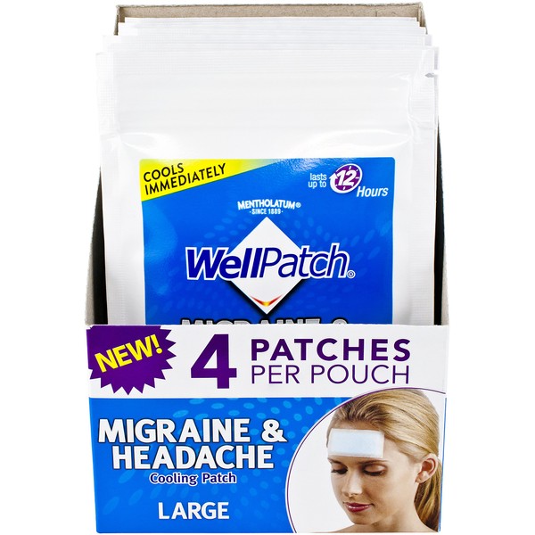 WellPatch Migraine & Headache Cooling Patch - Drug Free, Lasts Up to 12 Hours, Safe to Use with Medication - Large Patches (4 Packs of 4 Patches), Each 4.3 x 2 in