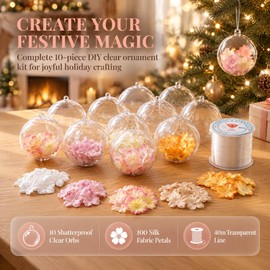 2.3 Inch Clear Fillable Ornament Balls 10 Pack with Artificial Flowers, 5 Colors 100pcs & 100m Hanging String for DIY Craft Decoration
