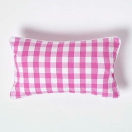 Homescapes - 100% Cotton - Block Check - Filled Cushion - 30 x 50 cm Rectangular - 12 x 20 Inches - Pink White - 100% Cotton - Cover Well Filled Pad - Washable