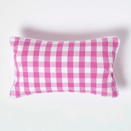 Homescapes - 100% Cotton - Block Check - Filled Cushion - 30 x 50 cm Rectangular - 12 x 20 Inches - Pink White - 100% Cotton - Cover Well Filled Pad - Washable