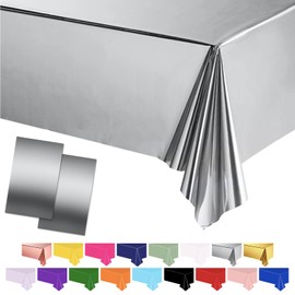 POPOYU 2Pcs Large Metallic Foil Table Cloth Silver Tablecovers,137 * 274cm Plastic Waterproof Table Covers Silver Party Table Decoration for Christmas,Birthday,Graduation,Wedding Party Supplies