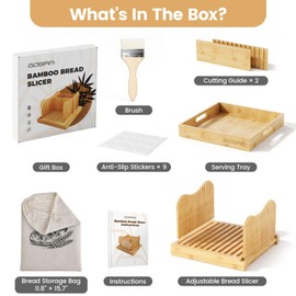 Gobam Adjustable Bamboo Bread Slicer for Large Sourdough & Homemade Bread, 10” Wide, 3 Thickness Settings, Crumb Catcher & Serving Tray, Foldable & Easy to Clean, Ideal Gift for Bakers & Bread Lovers