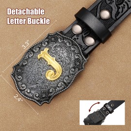 UpFind Western Cowboy Leather Belt Men Women, Gold Initial Letter J Buckle Embossed Belt for Jeans, Black