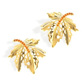 Frigotine Chunky Gold Maple Leaf Fall Stud Earrings for Women, Trendy Statement Vintage Orange Rhinestone Cubic Zirconia Earing Thanksgiving Prom Fashion Jewelry Gift.