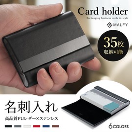MALFY Business Card Holder, Card Case, Stainless Steel, Titanium Black, PU Leather, Magnetic Closure, Holds 30 Cards, Thin Business Cards, Unisex, 6 Colors (White)