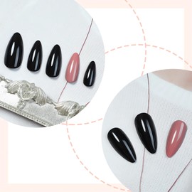 Almond Press on Nails Medium Length Fake Nails Cute Black Pink Color Glue on Nails Almond Shape False Nails Tips Glossy Full Cover Stick on Nails for Women Girls Manicure Decorations