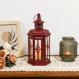 JHY DESIGN Decorative Candle Lantern 10“H Vintage Hanging Lantern Metal Candleholder for Indoor Outdoor Events Parities and Weddings (Red with Black Brush)