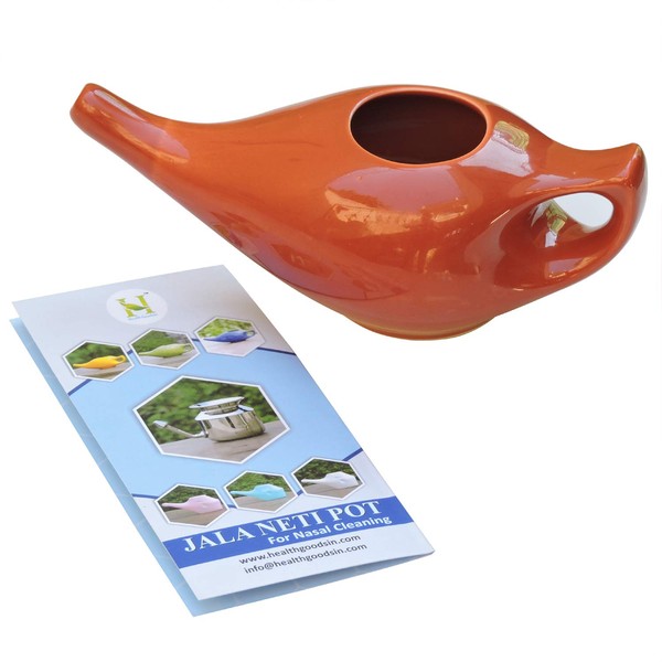 HealthGoodsIn - Porcelain Ceramic Neti Pot Brown Color for Nasal Cleansing with 10 Sachet Neti Salt