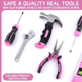 URASISTO 22-Piece Kids Tool Set with Storage Bag, Pink Junior Real Hand Tool Kit for Boys & Girls, Age 8+