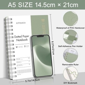 EMSHOI A5 Dotted Notebook, Spiral Notepad 150 Sheets/300 Pages, 100gsm, PVC Cover, Stencils, Pocket, Pen Loop, Ruler, Bookmark, Bullet Dot Grid Journal for Women Men Writing, 14.5 x 21cm, Sage Green