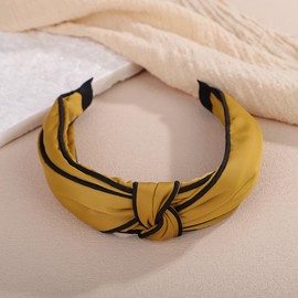 Wiwpar Women Yellow Cute Bow Knotted Wide Headband Non-Slip Top Knotted Elastic Fabric Silky Satin Hair Band Wide Turban Hair Band Fashion Cross Knot Party Prom Hair Accessories (Yellow, Free Size)