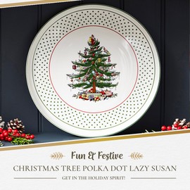 Spode Christmas Tree Lazy Susan - Polka Dot, Non Skid 360 Degree Rotation, Holiday Space Saver for Kitchen, Cabinet, Pantry, Rotating Spice Rack Organization for Easy Access, Festive Entertaining