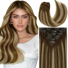 Caliee 14Inch Clip in Hair Extensions Real Human Hair 7PCS R4A-4A/26 Balayage Chocolate Brown to Honey Blonde Daily Use Long Straight Hair Extension Clip in Hair Extension for Women Soft 120G