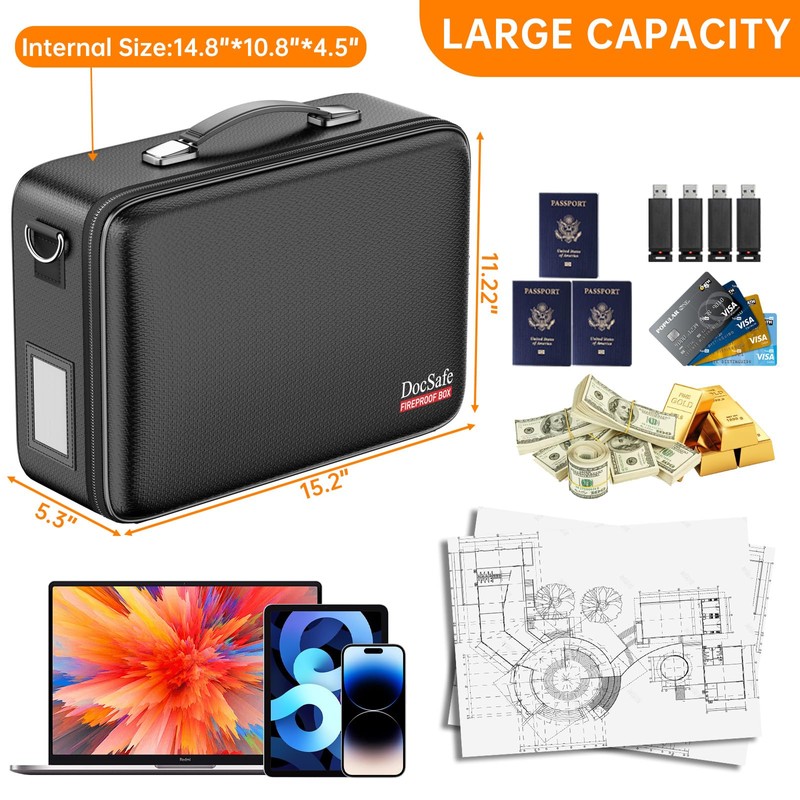 DocSafe Fireproof Document Box with Lock, Hard Case File Organizer