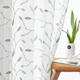 TOPICK Sheer Curtain Voile Curtains with Eyelets Leaf Embroidery Transparent Eyelet Curtain Gauze Pair Eyelet Curtains Leaf for Living Room Bedroom Store Curtains Decor Set of 2 Green on White 140 x 145 cm