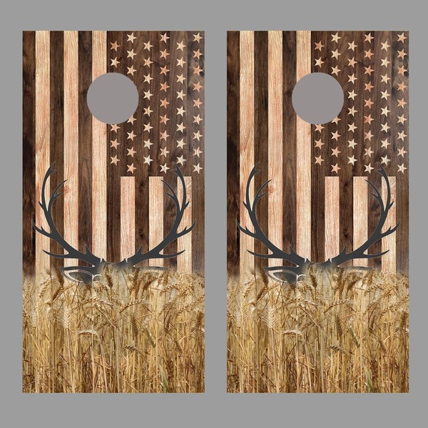 Lets Print Big Buck Deer Field Wood American Flag Corn Hole Board Decal Wrap