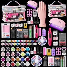 Acrylic Nail Kit for Beginners with Everything: Practice Nail Hand Acrylic Nail Powder Liquid Set with U V Lamp Drill in Gift Bag for Home (Sliver Bag)