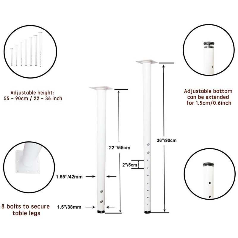 Jahof Adjustable Table Legs 22-36 inch (55-90cm), Metal Desk Legs