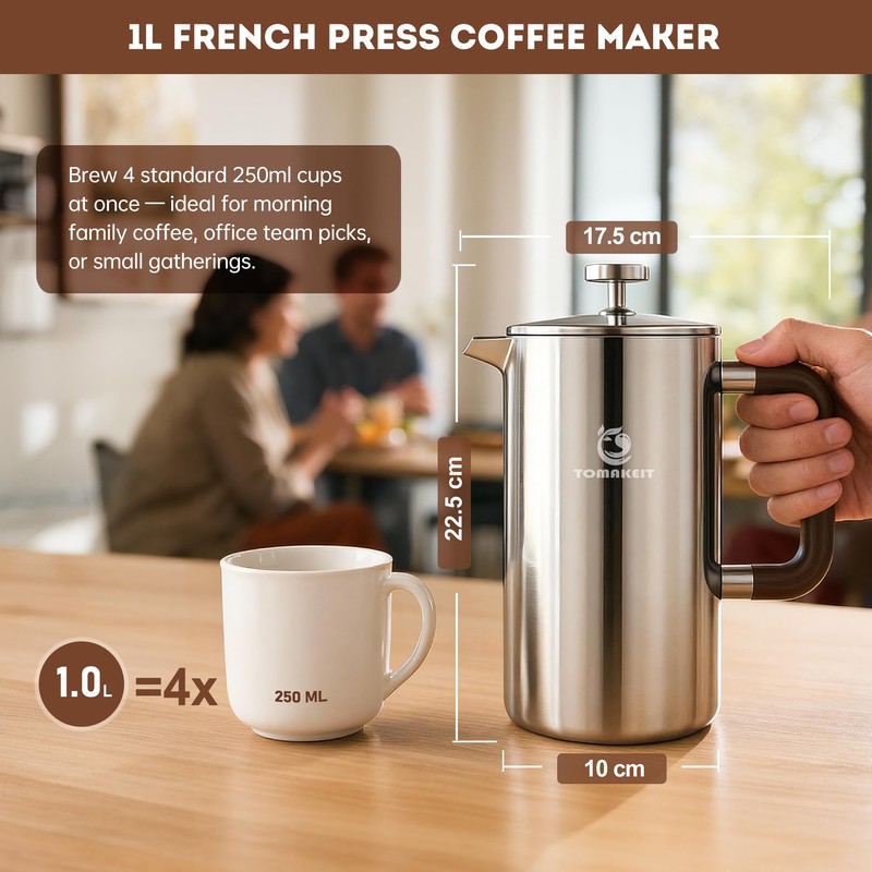 TOMAKEIT 1L/34 Oz French Press Coffee Maker,304 Stainless Steel Coffee