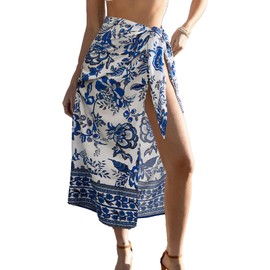 CUPSHE Women Sarong Swimsuit Cover Ups Side Tie Midi Beach Bathing Suit Coverups Blue Floral, M