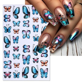 IDDFEVE 6 Sheets Glitter Butterflies Nail Art Stickers - Gold Blue Butterflies Wing Self-Adhesive Nail Decal for DIY Spring Summer Flower Manicure