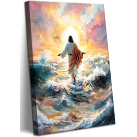 KYHDCJUB Jesus Walking On Water Wall Art Christian Spiritual Painting Wall Decor Jesus Christian Picture Prints Religious Prints Artwork for Living Room Bedroom Church Decor 12x16 Inch Ready to Hang